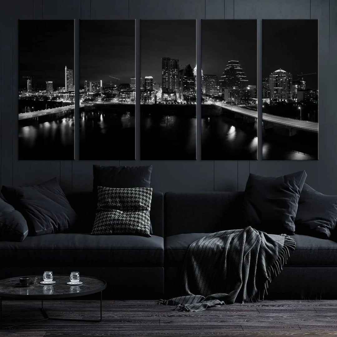 The Austin City Skyline Black and White Wall Art Cityscape Canvas Print, a stunning triptych of a nighttime cityscape printed on museum-quality canvases, adorns the wall. This hand-assembled framed artwork exudes elegance and features a UV-protective coating to maintain the city's captivating allure.