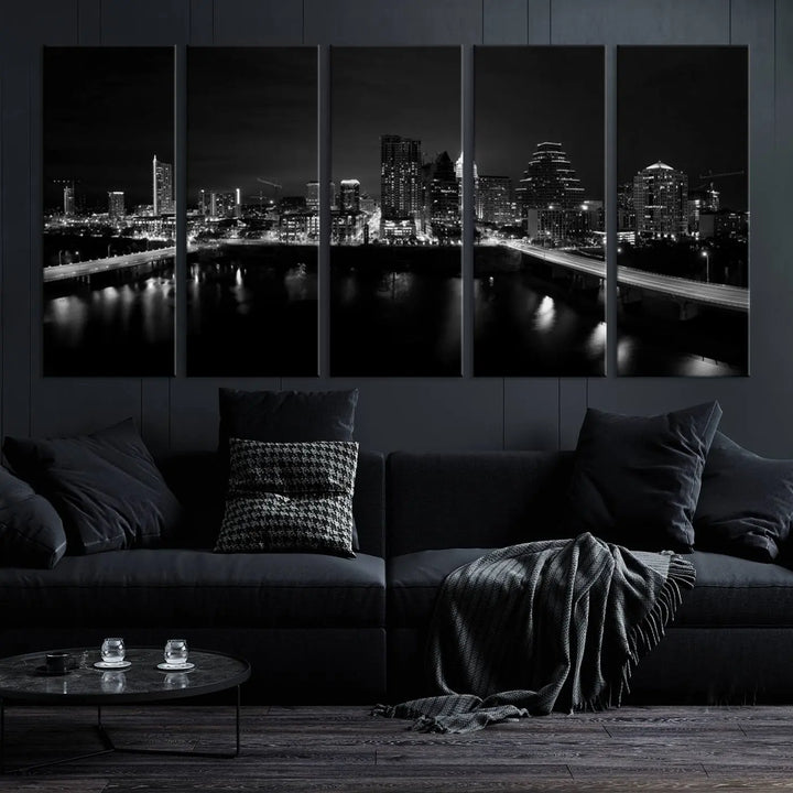 The Austin City Skyline Black and White Wall Art Cityscape Canvas Print, a stunning triptych of a nighttime cityscape printed on museum-quality canvases, adorns the wall. This hand-assembled framed artwork exudes elegance and features a UV-protective coating to maintain the city's captivating allure.