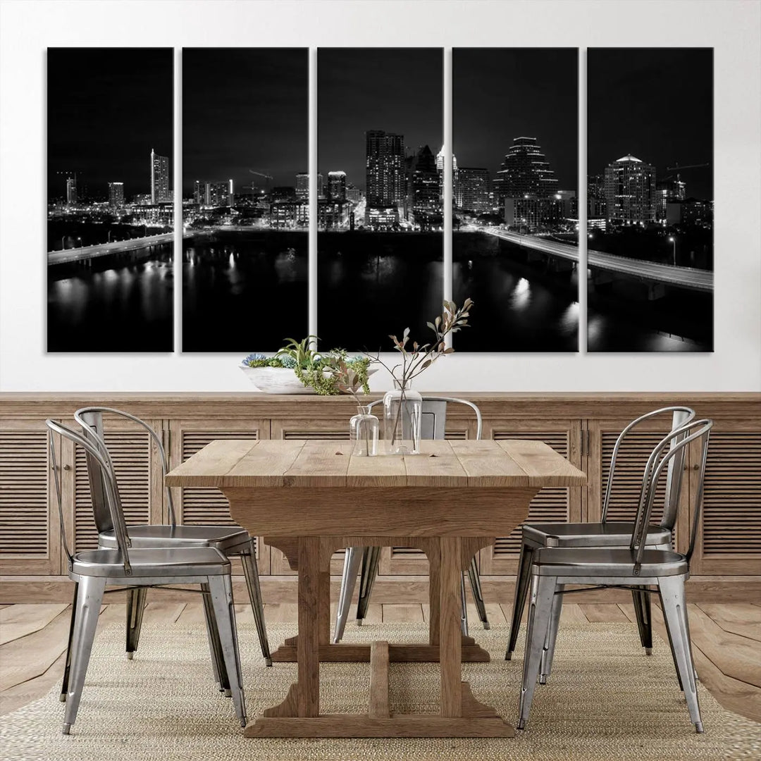 The Austin City Skyline Black and White Wall Art Cityscape Canvas Print, a stunning triptych of a nighttime cityscape printed on museum-quality canvases, adorns the wall. This hand-assembled framed artwork exudes elegance and features a UV-protective coating to maintain the city's captivating allure.