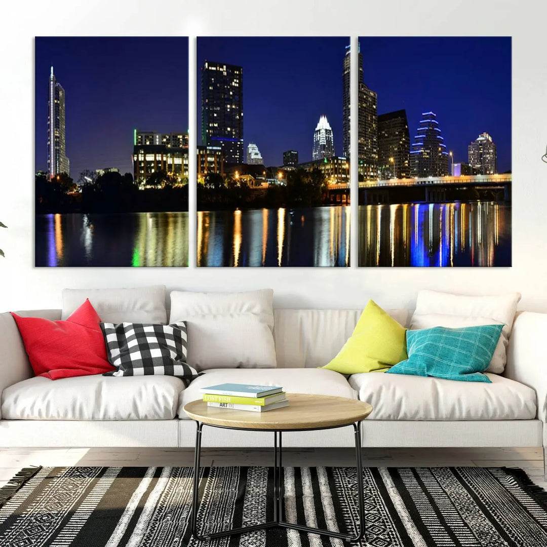 The Austin Lights Night Blue Skyline Cityscape View wall art canvas print features a city skyline and river on museum-quality canvas. It offers the perfect ready-to-hang solution that transforms any room into an urban oasis.