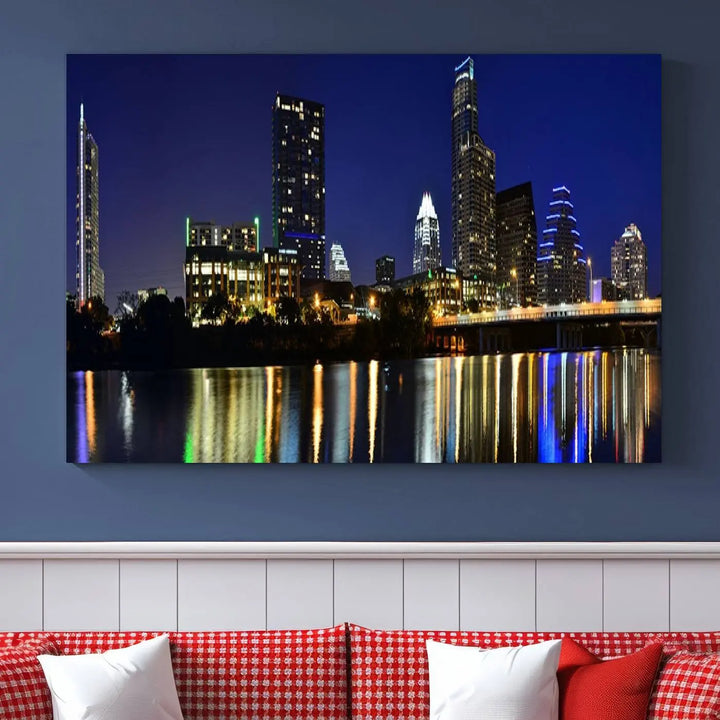 The Austin Lights Night Blue Skyline Cityscape View wall art canvas print features a city skyline and river on museum-quality canvas. It offers the perfect ready-to-hang solution that transforms any room into an urban oasis.