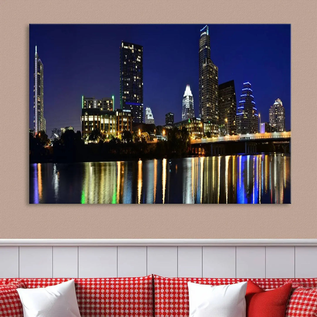 The Austin Lights Night Blue Skyline Cityscape View wall art canvas print features a city skyline and river on museum-quality canvas. It offers the perfect ready-to-hang solution that transforms any room into an urban oasis.