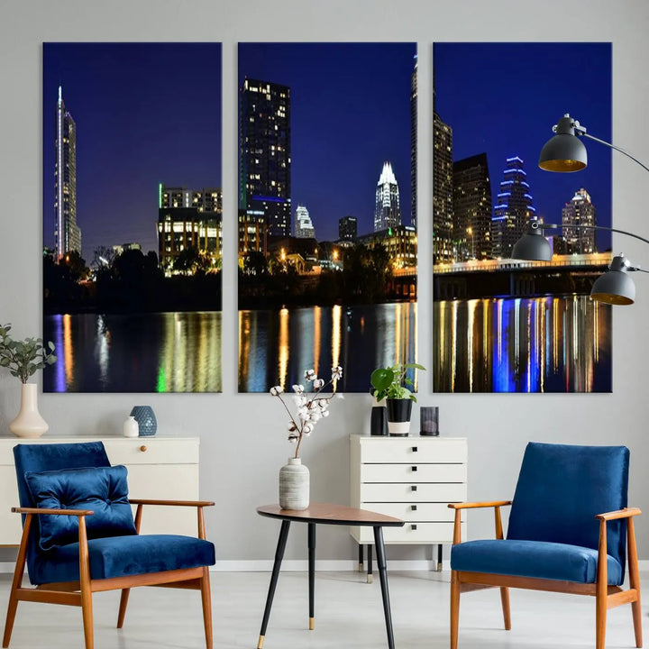 The Austin Lights Night Blue Skyline Cityscape View wall art canvas print features a city skyline and river on museum-quality canvas. It offers the perfect ready-to-hang solution that transforms any room into an urban oasis.