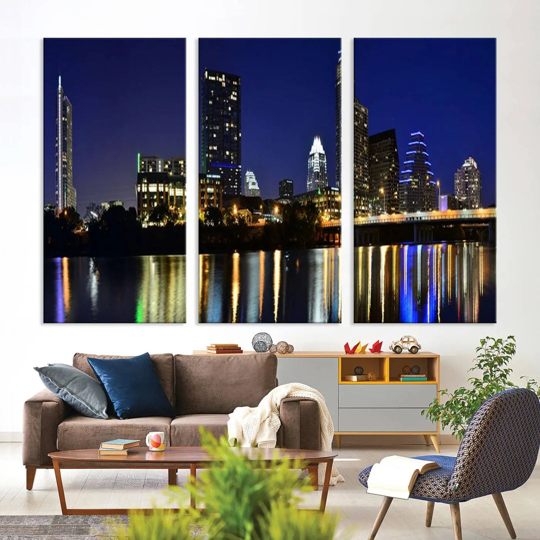 The Austin Lights Night Blue Skyline Cityscape View wall art canvas print features a city skyline and river on museum-quality canvas. It offers the perfect ready-to-hang solution that transforms any room into an urban oasis.