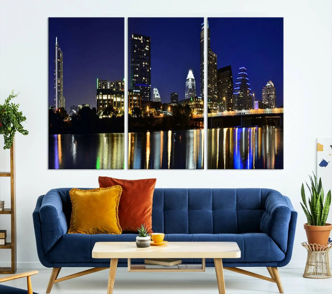 The Austin Lights Night Blue Skyline Cityscape View wall art canvas print features a city skyline and river on museum-quality canvas. It offers the perfect ready-to-hang solution that transforms any room into an urban oasis.