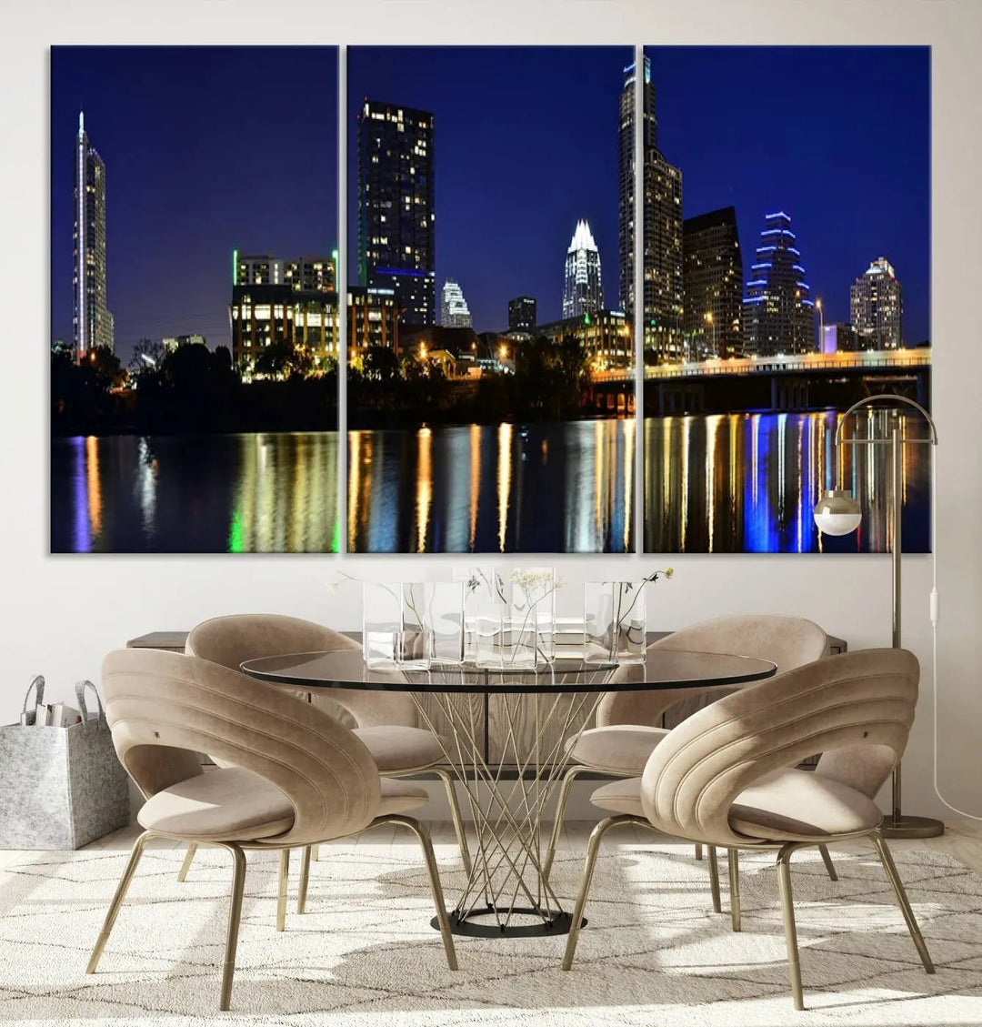 The Austin Lights Night Blue Skyline Cityscape View wall art canvas print features a city skyline and river on museum-quality canvas. It offers the perfect ready-to-hang solution that transforms any room into an urban oasis.