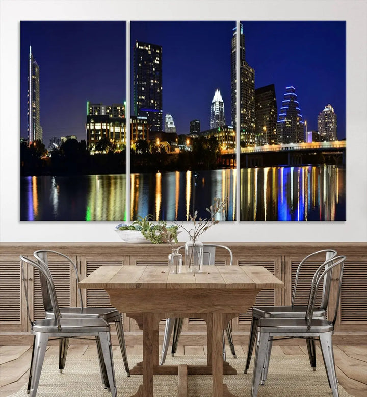 The Austin Lights Night Blue Skyline Cityscape View wall art canvas print features a city skyline and river on museum-quality canvas. It offers the perfect ready-to-hang solution that transforms any room into an urban oasis.