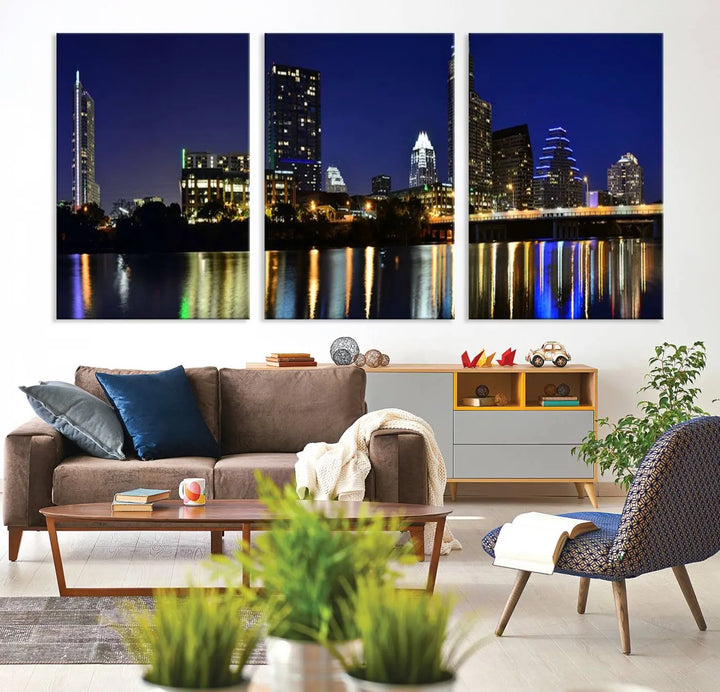 The Austin Lights Night Blue Skyline Cityscape View wall art canvas print features a city skyline and river on museum-quality canvas. It offers the perfect ready-to-hang solution that transforms any room into an urban oasis.