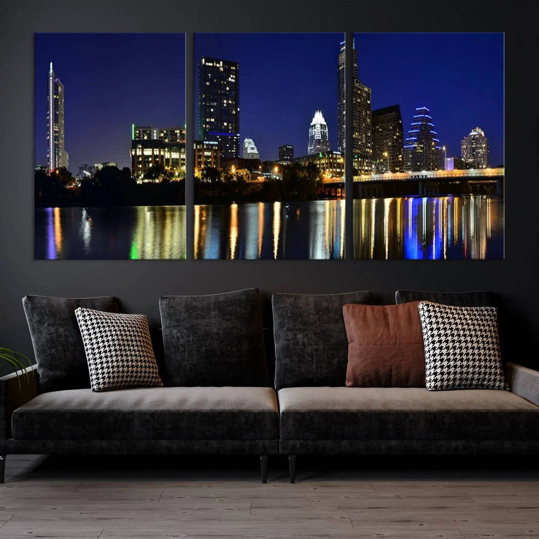 The Austin Lights Night Blue Skyline Cityscape View wall art canvas print features a city skyline and river on museum-quality canvas. It offers the perfect ready-to-hang solution that transforms any room into an urban oasis.