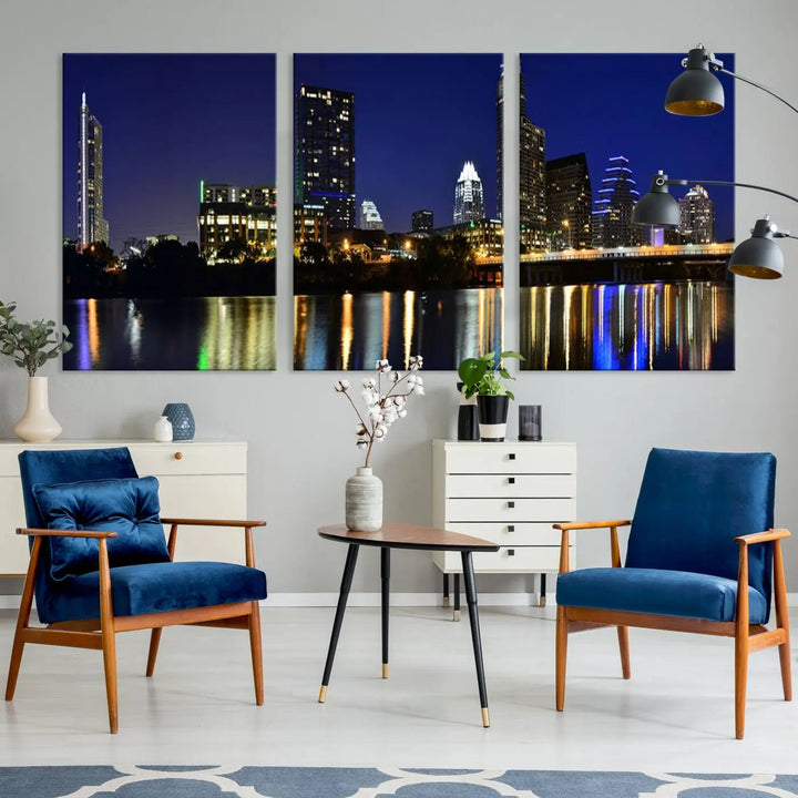 The Austin Lights Night Blue Skyline Cityscape View wall art canvas print features a city skyline and river on museum-quality canvas. It offers the perfect ready-to-hang solution that transforms any room into an urban oasis.