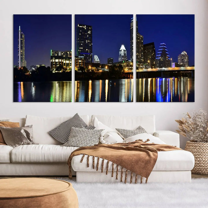 The Austin Lights Night Blue Skyline Cityscape View wall art canvas print features a city skyline and river on museum-quality canvas. It offers the perfect ready-to-hang solution that transforms any room into an urban oasis.