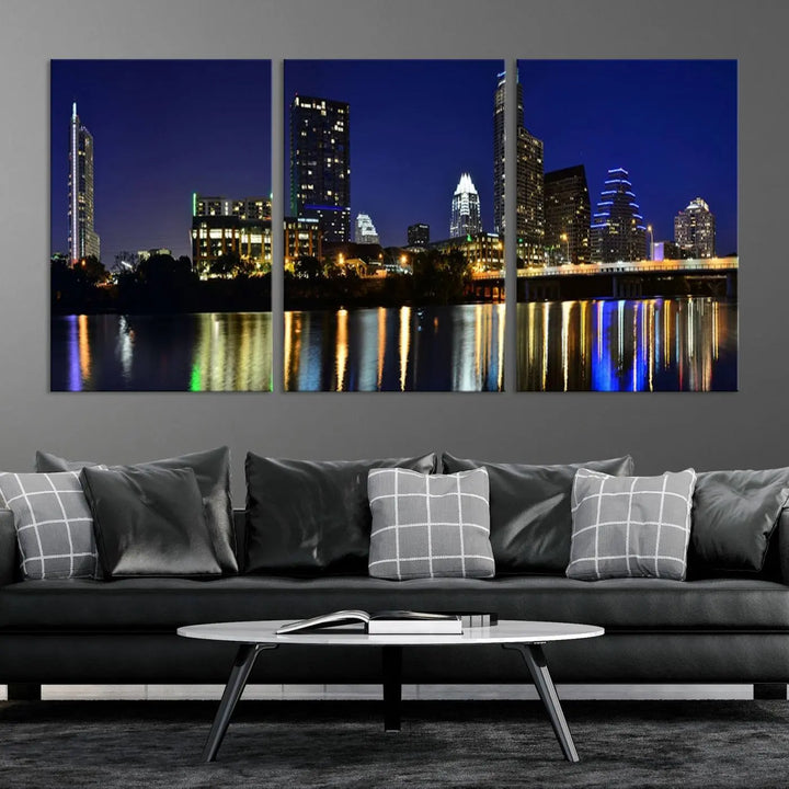 The Austin Lights Night Blue Skyline Cityscape View wall art canvas print features a city skyline and river on museum-quality canvas. It offers the perfect ready-to-hang solution that transforms any room into an urban oasis.