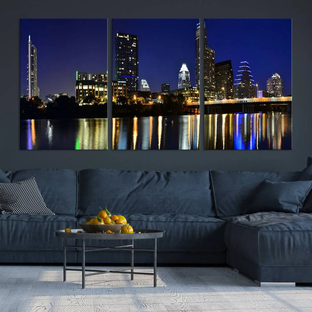 The Austin Lights Night Blue Skyline Cityscape View wall art canvas print features a city skyline and river on museum-quality canvas. It offers the perfect ready-to-hang solution that transforms any room into an urban oasis.