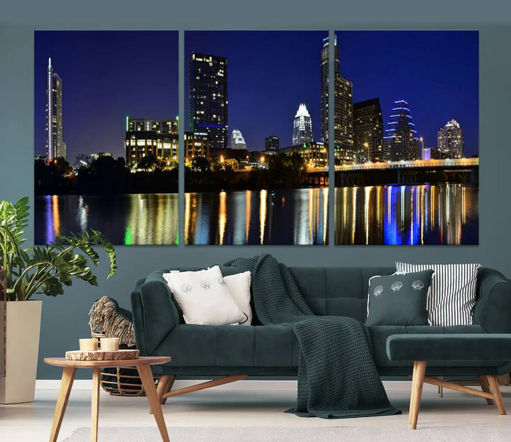 The Austin Lights Night Blue Skyline Cityscape View wall art canvas print features a city skyline and river on museum-quality canvas. It offers the perfect ready-to-hang solution that transforms any room into an urban oasis.