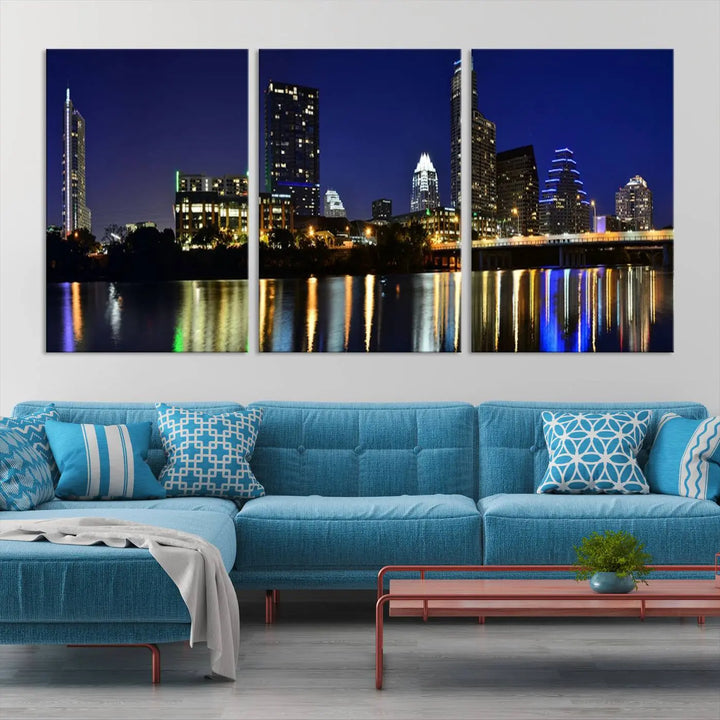 The Austin Lights Night Blue Skyline Cityscape View wall art canvas print features a city skyline and river on museum-quality canvas. It offers the perfect ready-to-hang solution that transforms any room into an urban oasis.