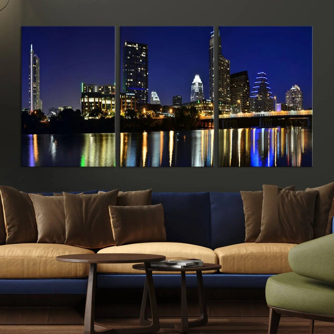 The Austin Lights Night Blue Skyline Cityscape View wall art canvas print features a city skyline and river on museum-quality canvas. It offers the perfect ready-to-hang solution that transforms any room into an urban oasis.