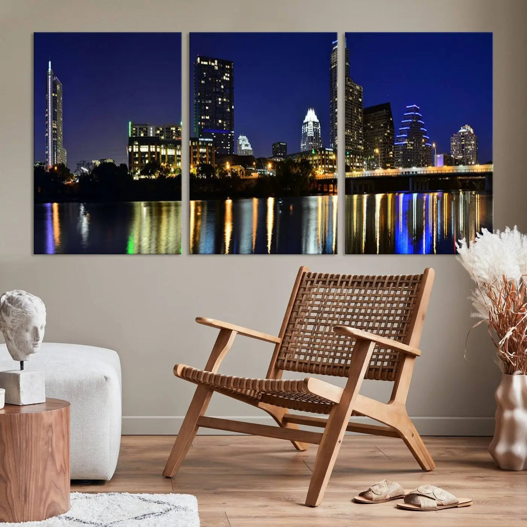 The Austin Lights Night Blue Skyline Cityscape View wall art canvas print features a city skyline and river on museum-quality canvas. It offers the perfect ready-to-hang solution that transforms any room into an urban oasis.