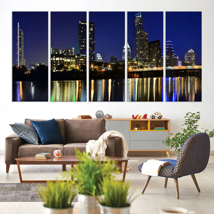 The Austin Lights Night Blue Skyline Cityscape View wall art canvas print features a city skyline and river on museum-quality canvas. It offers the perfect ready-to-hang solution that transforms any room into an urban oasis.