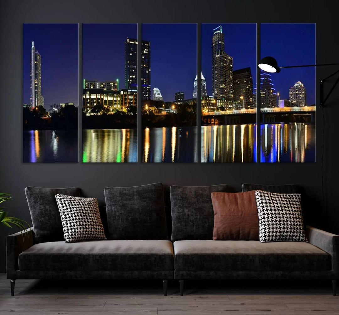 The Austin Lights Night Blue Skyline Cityscape View wall art canvas print features a city skyline and river on museum-quality canvas. It offers the perfect ready-to-hang solution that transforms any room into an urban oasis.