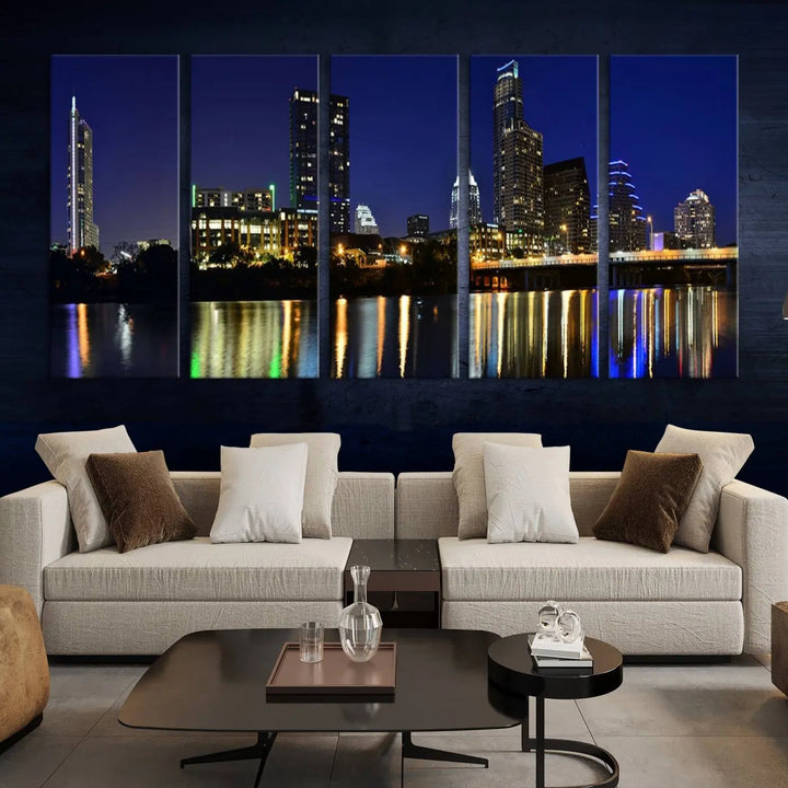 The Austin Lights Night Blue Skyline Cityscape View wall art canvas print features a city skyline and river on museum-quality canvas. It offers the perfect ready-to-hang solution that transforms any room into an urban oasis.