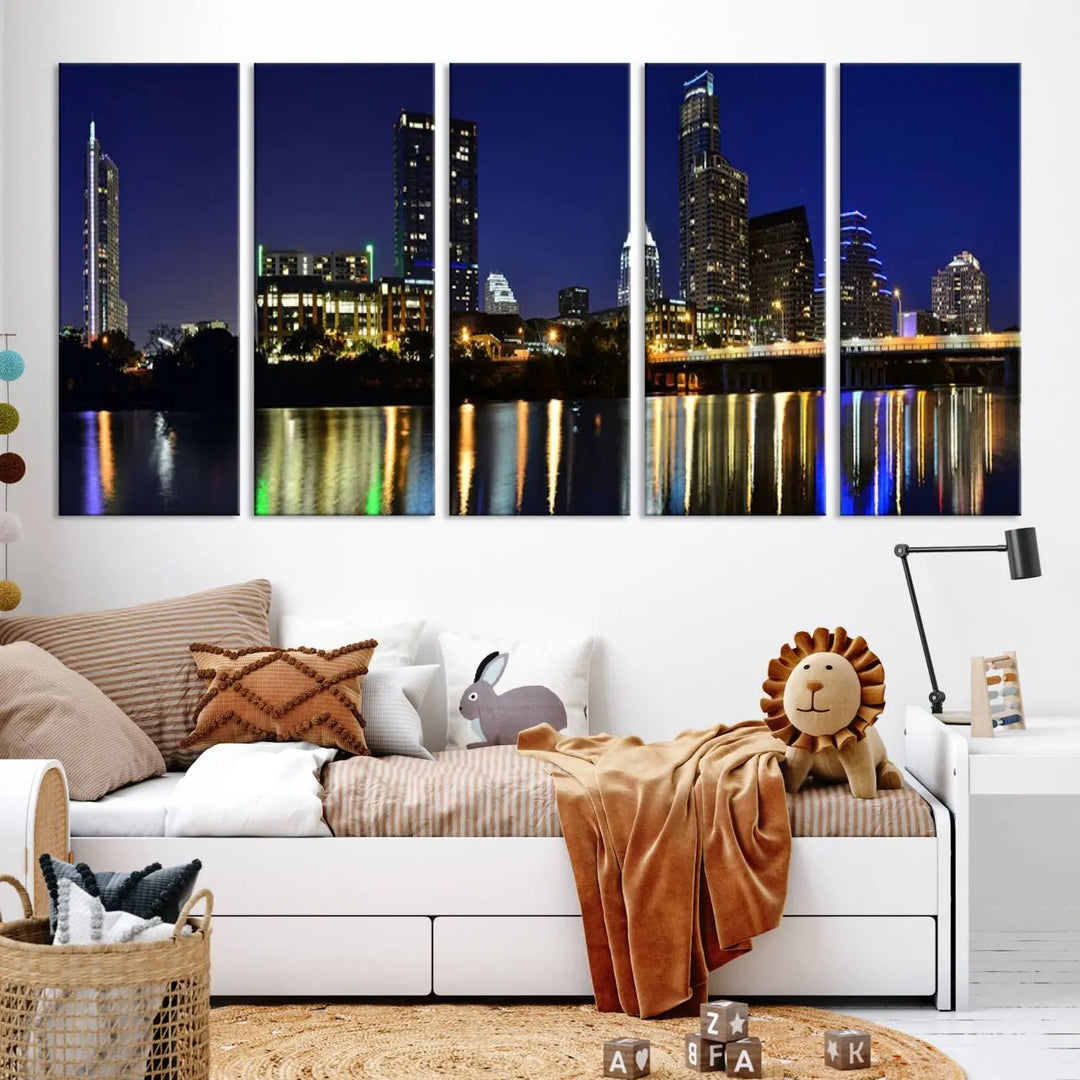 The Austin Lights Night Blue Skyline Cityscape View wall art canvas print features a city skyline and river on museum-quality canvas. It offers the perfect ready-to-hang solution that transforms any room into an urban oasis.