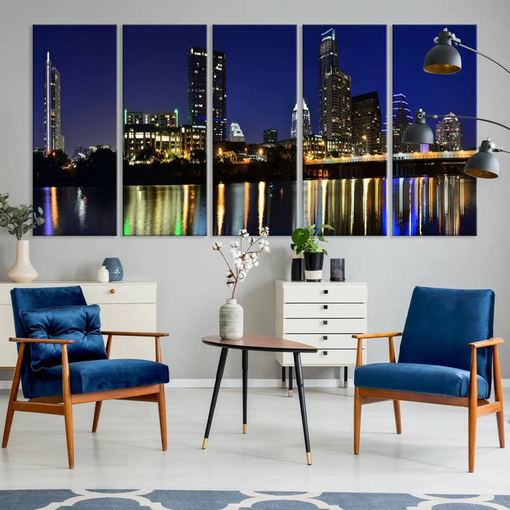 The Austin Lights Night Blue Skyline Cityscape View wall art canvas print features a city skyline and river on museum-quality canvas. It offers the perfect ready-to-hang solution that transforms any room into an urban oasis.