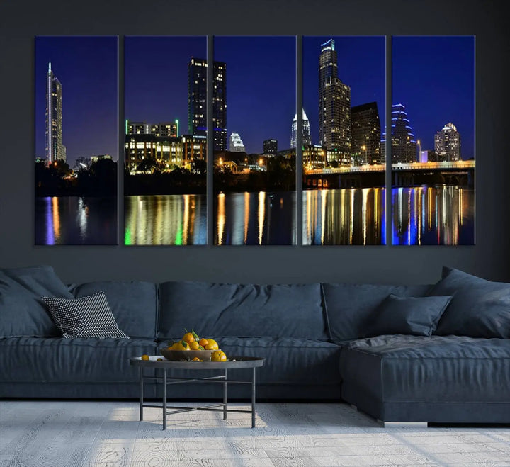 The Austin Lights Night Blue Skyline Cityscape View wall art canvas print features a city skyline and river on museum-quality canvas. It offers the perfect ready-to-hang solution that transforms any room into an urban oasis.