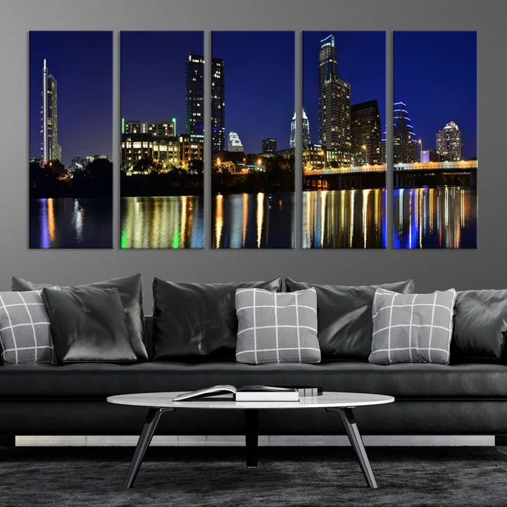 The Austin Lights Night Blue Skyline Cityscape View wall art canvas print features a city skyline and river on museum-quality canvas. It offers the perfect ready-to-hang solution that transforms any room into an urban oasis.