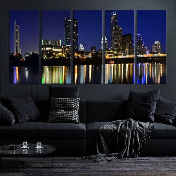 The Austin Lights Night Blue Skyline Cityscape View wall art canvas print features a city skyline and river on museum-quality canvas. It offers the perfect ready-to-hang solution that transforms any room into an urban oasis.