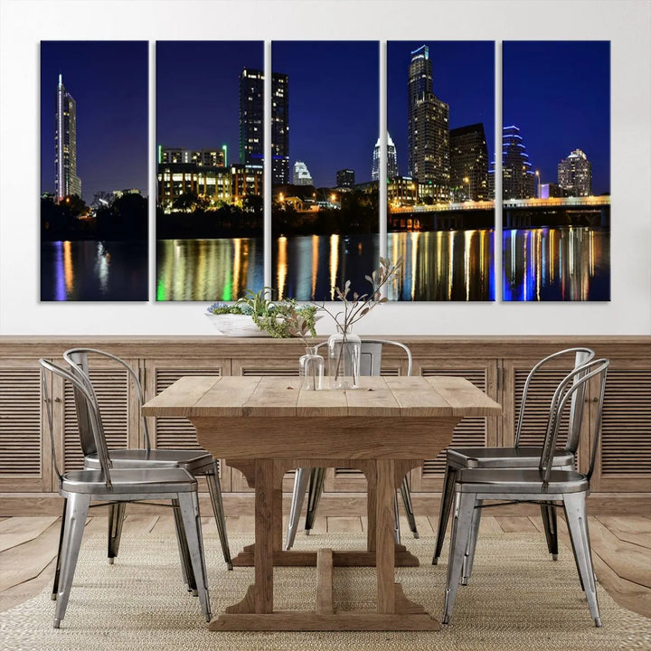 The Austin Lights Night Blue Skyline Cityscape View wall art canvas print features a city skyline and river on museum-quality canvas. It offers the perfect ready-to-hang solution that transforms any room into an urban oasis.