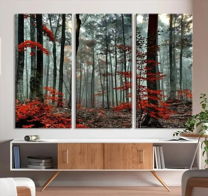 Autumn Forest Canvas Wall Art – Enchanting Red Leaves Triptych Print – Nature-Inspired Decor for Living Room or Office – Ready to Hang