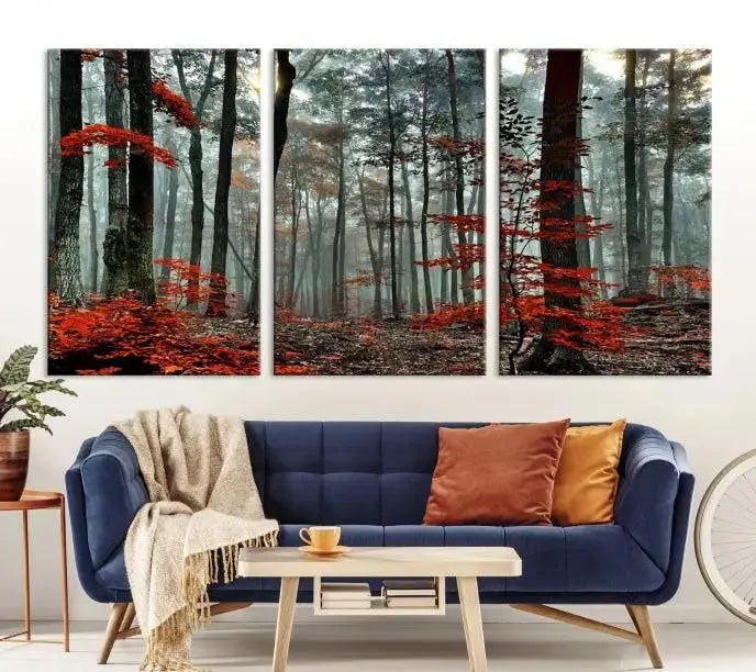 Autumn Forest Canvas Wall Art – Enchanting Red Leaves Triptych Print – Nature-Inspired Decor for Living Room or Office – Ready to Hang