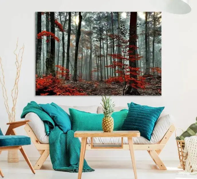 Autumn Forest Canvas Wall Art – Enchanting Red Leaves Triptych Print – Nature-Inspired Decor for Living Room or Office – Ready to Hang