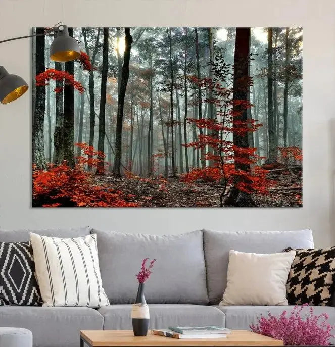 Autumn Forest Canvas Wall Art – Enchanting Red Leaves Triptych Print – Nature-Inspired Decor for Living Room or Office – Ready to Hang