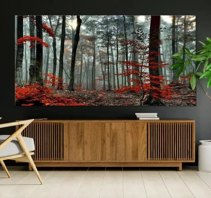Autumn Forest Canvas Wall Art – Enchanting Red Leaves Triptych Print – Nature-Inspired Decor for Living Room or Office – Ready to Hang