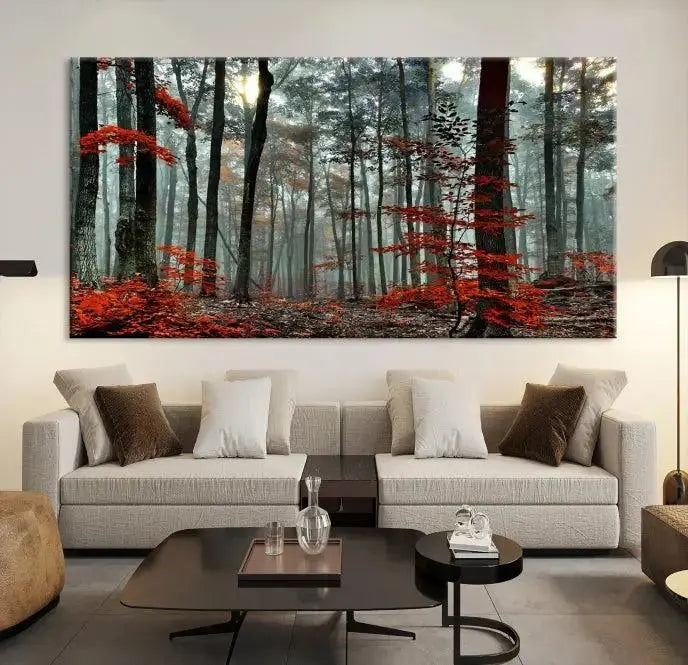 Autumn Forest Canvas Wall Art – Enchanting Red Leaves Triptych Print – Nature-Inspired Decor for Living Room or Office – Ready to Hang