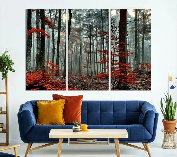 Autumn Forest Canvas Wall Art – Enchanting Red Leaves Triptych Print – Nature-Inspired Decor for Living Room or Office – Ready to Hang