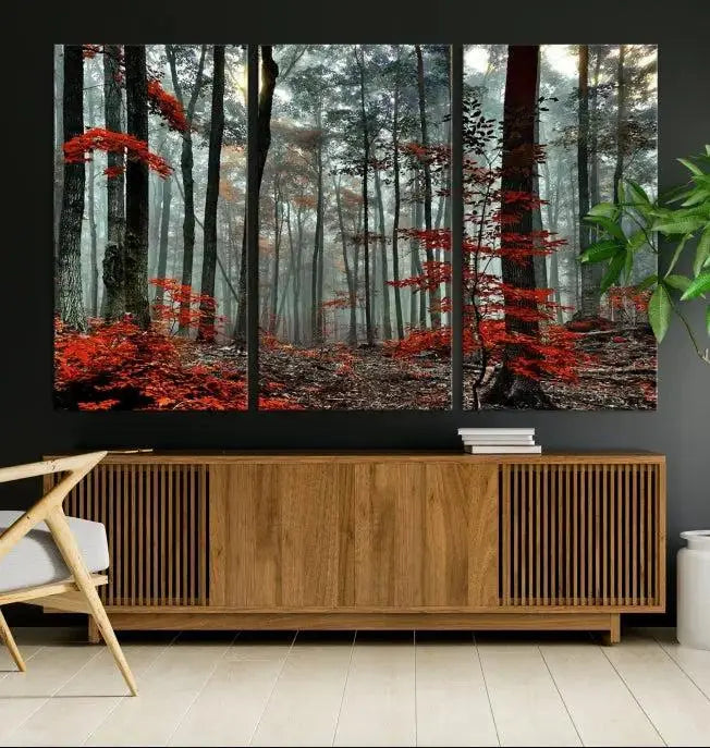 Autumn Forest Canvas Wall Art – Enchanting Red Leaves Triptych Print – Nature-Inspired Decor for Living Room or Office – Ready to Hang