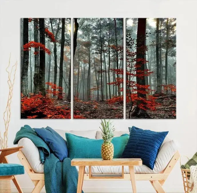 Autumn Forest Canvas Wall Art – Enchanting Red Leaves Triptych Print – Nature-Inspired Decor for Living Room or Office – Ready to Hang