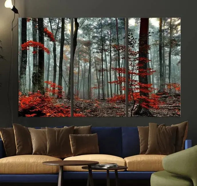 Autumn Forest Canvas Wall Art – Enchanting Red Leaves Triptych Print – Nature-Inspired Decor for Living Room or Office – Ready to Hang