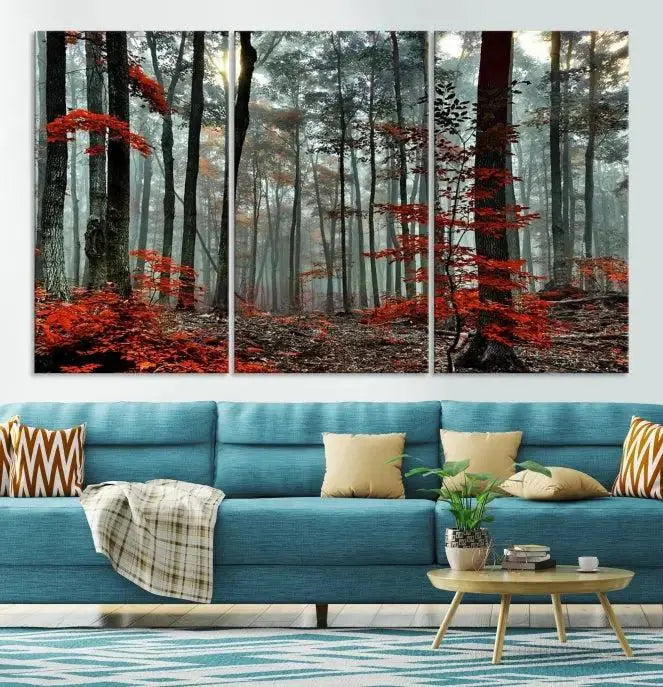 Autumn Forest Canvas Wall Art – Enchanting Red Leaves Triptych Print – Nature-Inspired Decor for Living Room or Office – Ready to Hang
