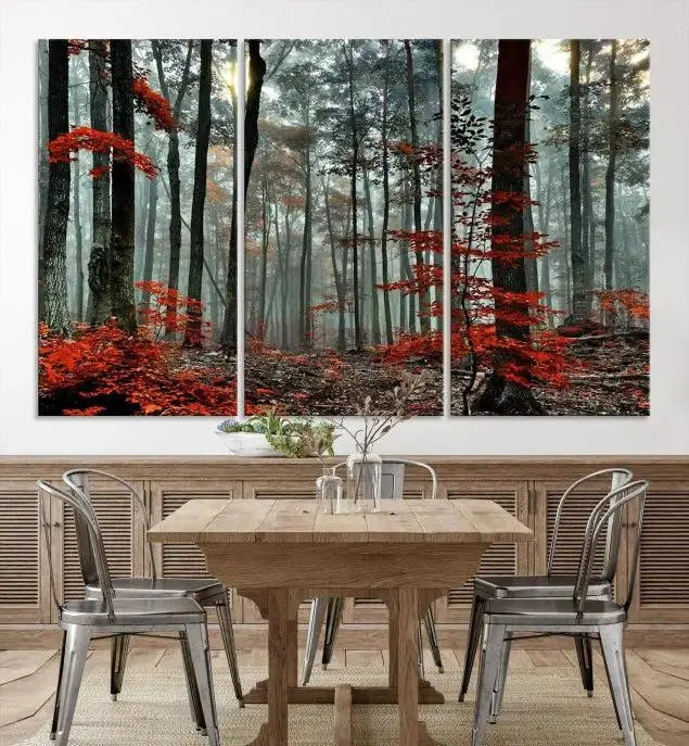 Autumn Forest Canvas Wall Art – Enchanting Red Leaves Triptych Print – Nature-Inspired Decor for Living Room or Office – Ready to Hang