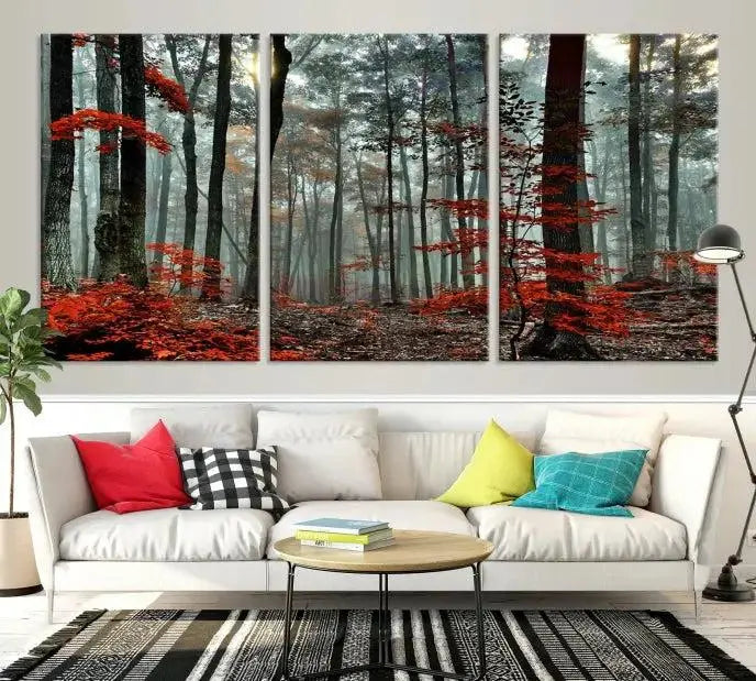 Autumn Forest Canvas Wall Art – Enchanting Red Leaves Triptych Print – Nature-Inspired Decor for Living Room or Office – Ready to Hang