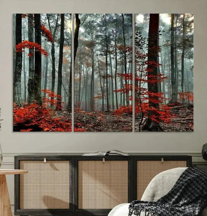 Autumn Forest Canvas Wall Art – Enchanting Red Leaves Triptych Print – Nature-Inspired Decor for Living Room or Office – Ready to Hang