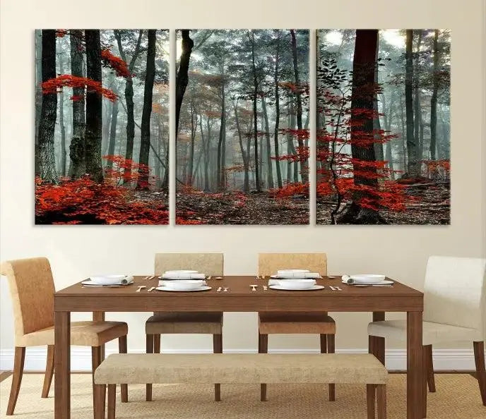 Autumn Forest Canvas Wall Art – Enchanting Red Leaves Triptych Print – Nature-Inspired Decor for Living Room or Office – Ready to Hang