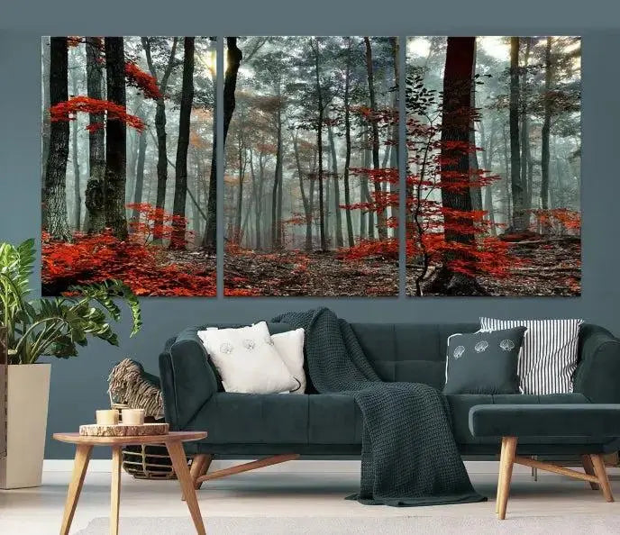 Autumn Forest Canvas Wall Art – Enchanting Red Leaves Triptych Print – Nature-Inspired Decor for Living Room or Office – Ready to Hang