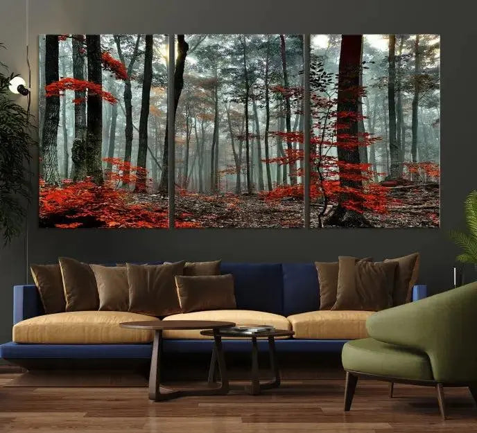 Autumn Forest Canvas Wall Art – Enchanting Red Leaves Triptych Print – Nature-Inspired Decor for Living Room or Office – Ready to Hang