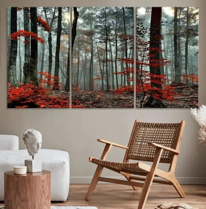 Autumn Forest Canvas Wall Art – Enchanting Red Leaves Triptych Print – Nature-Inspired Decor for Living Room or Office – Ready to Hang