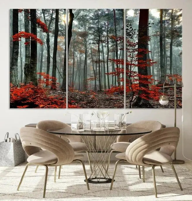 Autumn Forest Canvas Wall Art – Enchanting Red Leaves Triptych Print – Nature-Inspired Decor for Living Room or Office – Ready to Hang