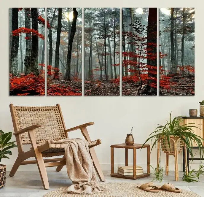 Autumn Forest Canvas Wall Art – Enchanting Red Leaves Triptych Print – Nature-Inspired Decor for Living Room or Office – Ready to Hang